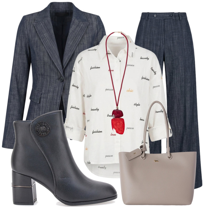 Outfit donna - Sunday Brunch in città - Donna Curvy. Stile Glamour per Tutti i giorni. Abbinamento con shopping bag, ciondoli, camicie, blazer, pantaloni, stivaletti.