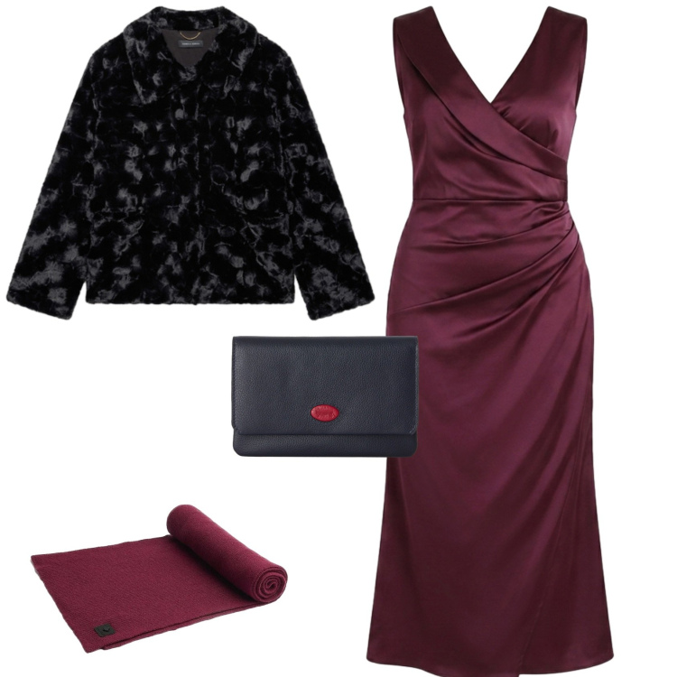 Outfit donna - Chic serata evento speciale. Stile Chic per Serata fuori. Abbinamento con portafogli, blazer, vestiti midi/longuette, sciarpe, zoccoli.