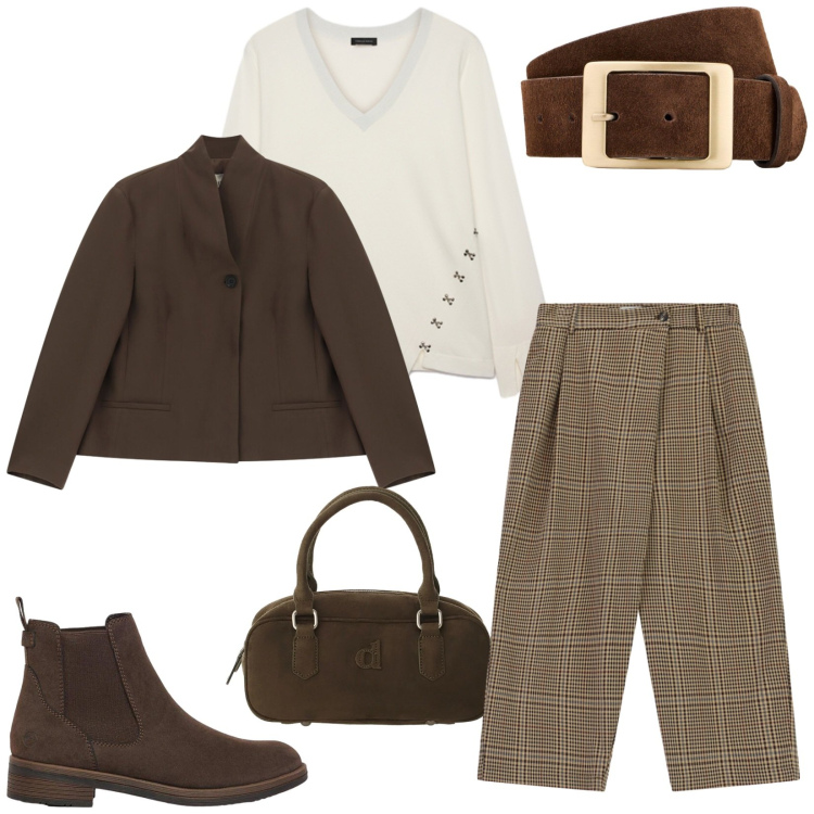 Outfit donna - Total look #2496816. Stile Casual chic per Tutti i giorni. Abbinamento con maglieria, pantaloni, borse a mano, blazer, stivaletti, cinture.