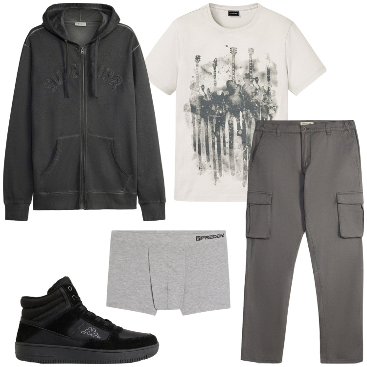 Outfit uomo - Total look #2496818. Stile Urban per Tutti i giorni. Abbinamento con boxer, sneakers alte, t-shirt, pantaloni cargo, felpe con cappuccio.