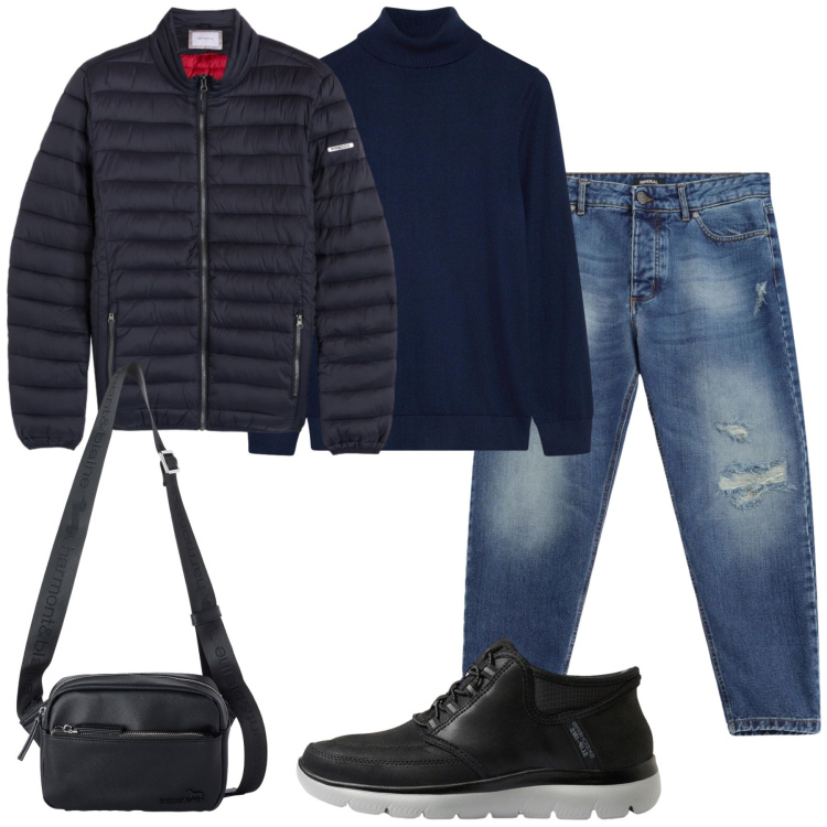Outfit uomo - Total look #2496823. Stile Casual per Tutti i giorni. Abbinamento con borse sportive, jeans strappati, piumini, sneakers, pullovers.