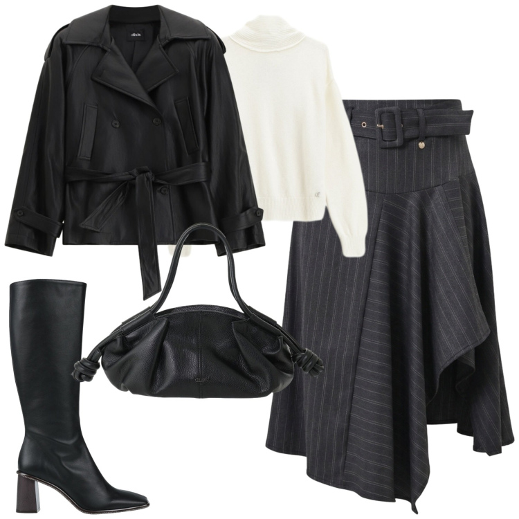 Outfit donna - City. Stile Urban per Tutti i giorni. Abbinamento con gonne longuette, trench, borse a mano, pullovers, stivali.
