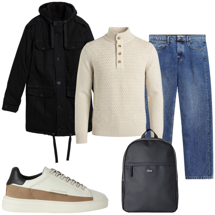Outfit uomo - Total look #2496826. Stile Casual per Tutti i giorni. Abbinamento con sneakers, borse sportive, pullovers, jeans, parka.