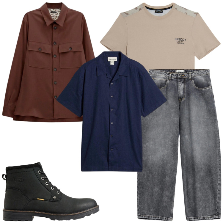 Outfit uomo - Total look #2496827. Stile Casual per Tutti i giorni. Abbinamento con jeans, cappotti, t-shirt, camicie a manica corta, stivali e stivaletti.