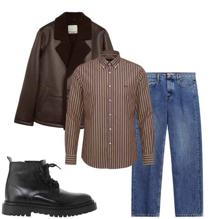 Outfit uomo - Total look #2496828. Stile Casual per Ufficio. Abbinamento con camicie, anfibi, jeans, giacche.