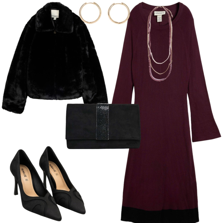 Outfit donna - Chic serata evento speciale. Stile Chic per Serata fuori. Abbinamento con collane, décolleté, clutch, vestiti midi/longuette, ecopellicce, orecchini.