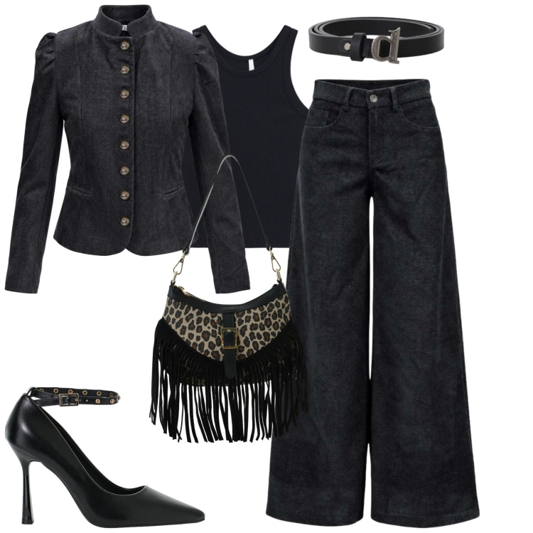 Outfit donna - City. Stile Casual chic per Tutti i giorni. Abbinamento con pantaloni a palazzo, blazer, borse a spalla, canottiere, décolleté, cinture.