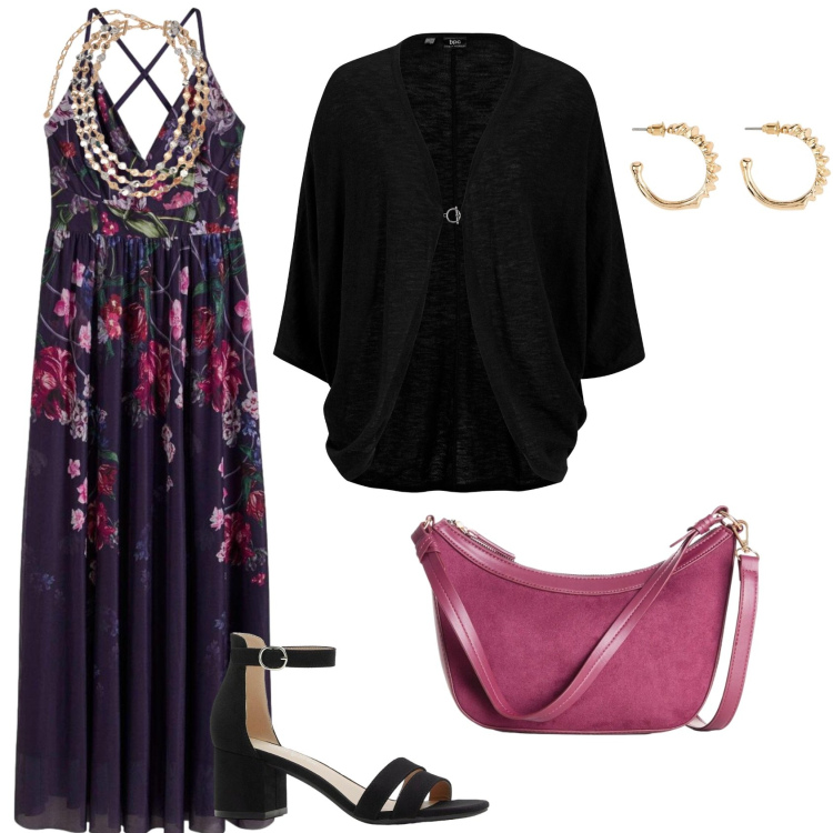 Outfit donna - Total look #2496836. Stile Chic per Serata fuori. Abbinamento con collane, vestiti lunghi, cardigans, sandali col tacco, borse a tracolla, orecchini.