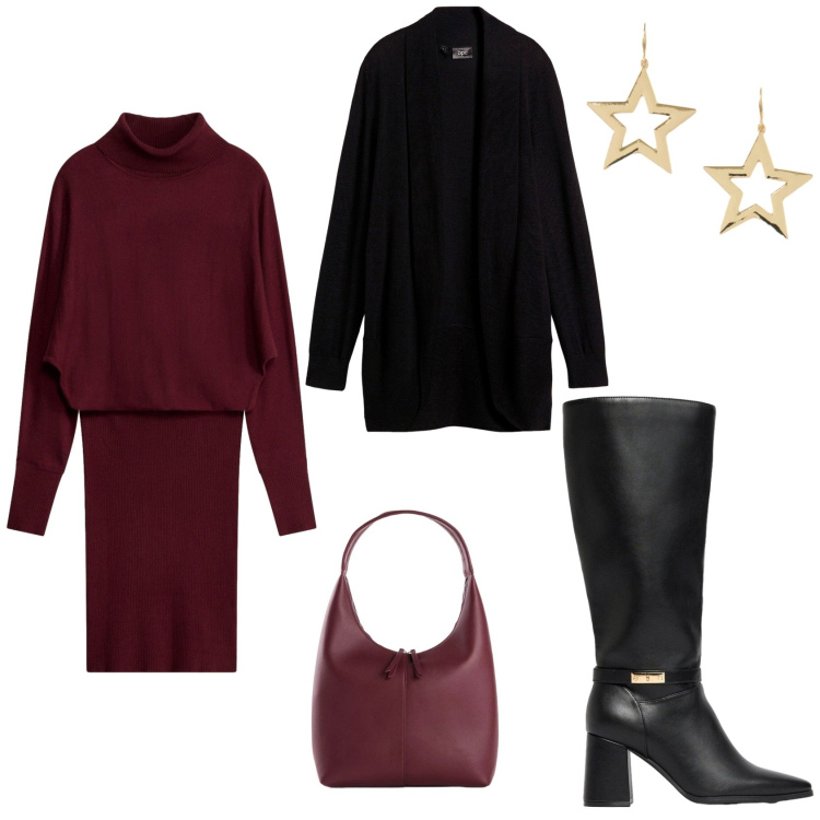 Outfit donna - Total look #2496837. Stile Casual chic per Serata fuori. Abbinamento con orecchini, stivali, vestiti midi/longuette, borse a mano, cardigans.