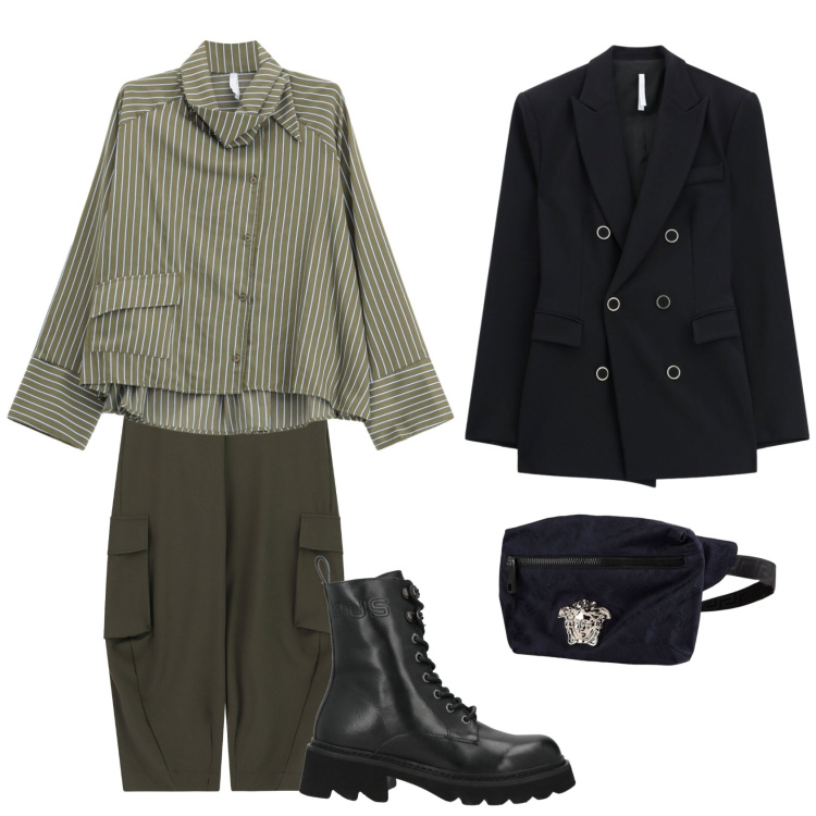 Outfit donna - Total look #2496839. Stile Mannish per Tutti i giorni. Abbinamento con camicie, blazer, pantaloni cargo, marsupi, stivaletti.
