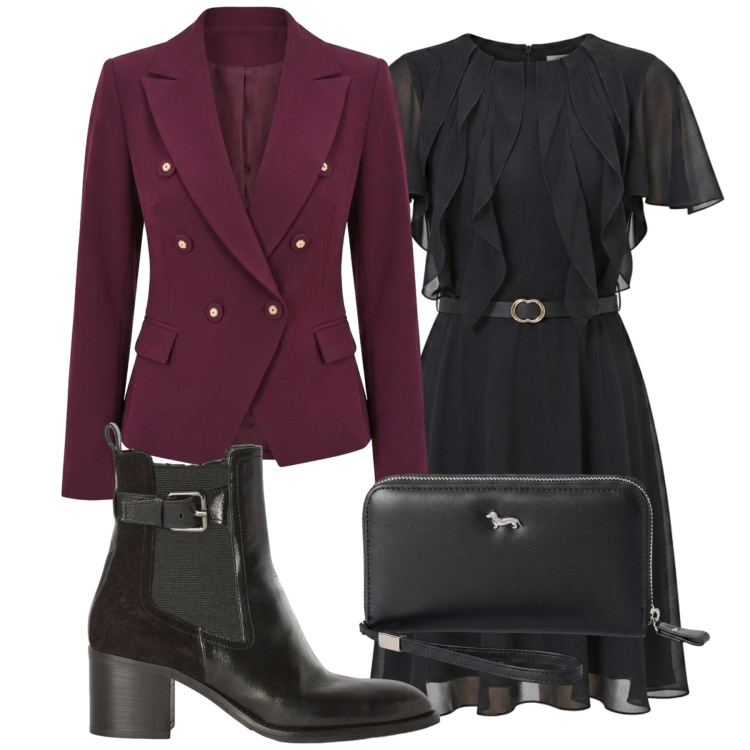 Outfit donna - Aperitivo glam - Focus Donna Curvy. Stile Glamour per Serata fuori. Abbinamento con portafogli, stivaletti, vestiti midi/longuette, blazer.