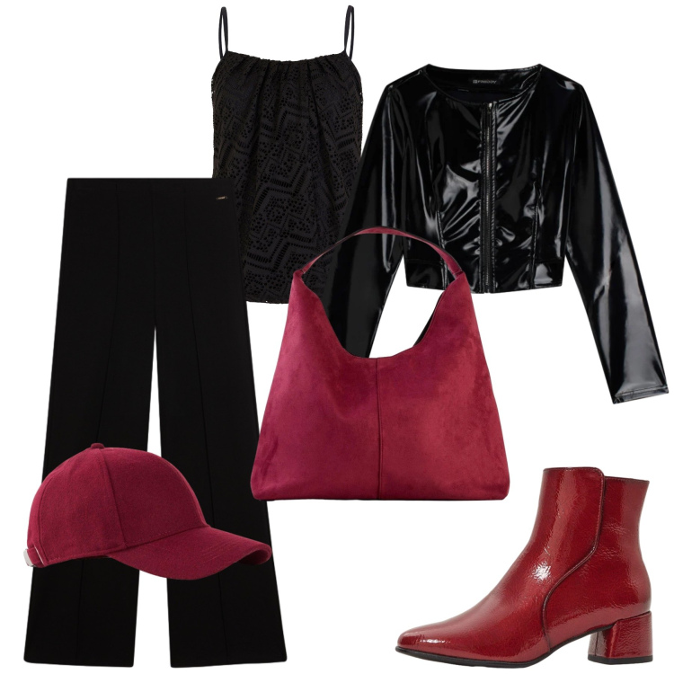 Outfit donna - Nero e rosso. Stile Urban per Tutti i giorni. Abbinamento con pantaloni, giacche, stivaletti, cappelli con visiera, top, borse a spalla.