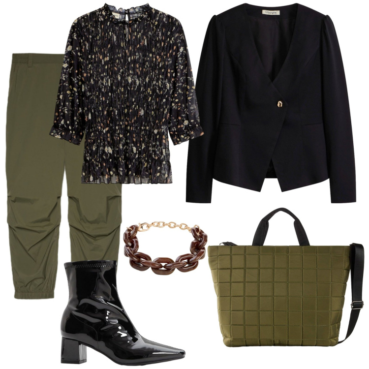 Outfit donna - Total look #2496842. Stile Casual chic per Tutti i giorni. Abbinamento con pantaloni cargo, shopping bag, stivaletti, blazer, bluse, braccialetti.
