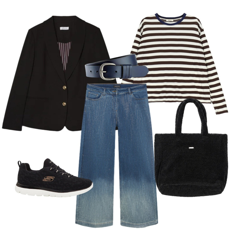 Outfit donna - La maglia a righe. Stile Basic per Tutti i giorni. Abbinamento con jeans, blazer, borse a mano, t-shirt, cinture, sneakers.