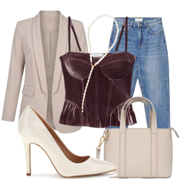 Outfit donna - Aperitivo glam - Focus Donna Curvy. Stile Sexy per Serata fuori. Abbinamento con blazer, ciondoli, jeans mom, borse a tracolla, top, décolleté.