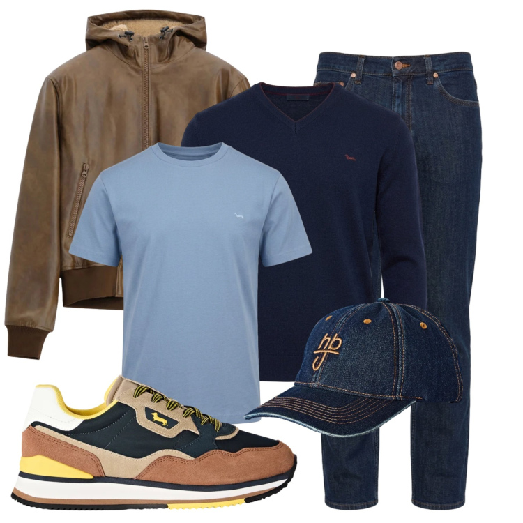 Outfit uomo - Denim & Leather. Stile Trendy per Tutti i giorni. Abbinamento con sneakers, maglieria, t-shirt, jeans, cappelli con visiera, bomber.