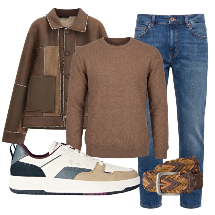 Outfit uomo - Denim & Leather. Stile Trendy per Tutti i giorni. Abbinamento con jeans, cinture, maglieria, sneakers, cappotti.