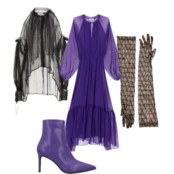 Outfit donna - Halloween outfit n. 1. Stile Vintage retrò per Serata fuori. Abbinamento con vestiti lunghi, stivaletti, guanti, camicie.