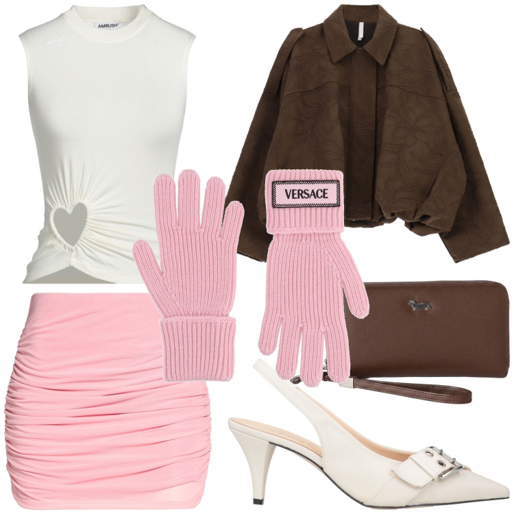 Outfit donna - Tre colori. Stile Casual chic per Tutti i giorni. Abbinamento con portafogli, bomber, décolleté, top, minigonne, guanti.