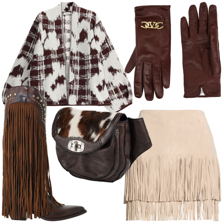 Outfit donna - Country. Stile Casual per Tutti i giorni. Abbinamento con stivaletti texani, cardigans, minigonne, marsupi, guanti.