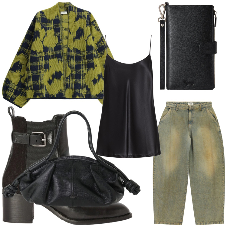 Outfit donna - Green. Stile Casual per Tutti i giorni. Abbinamento con portafogli, stivaletti, borse a mano, jeans, cardigans, top.