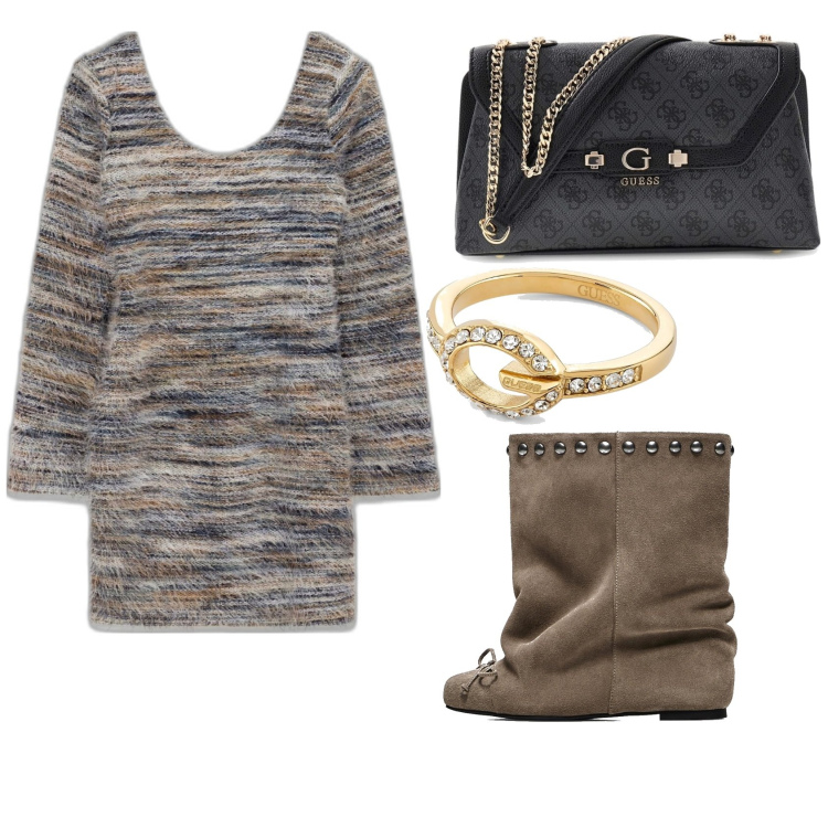 Outfit mujer - Trendy look. Estilo Trendy para Todos los días. Combinación con vestidos cortos, bandoleras, botas, anillos.