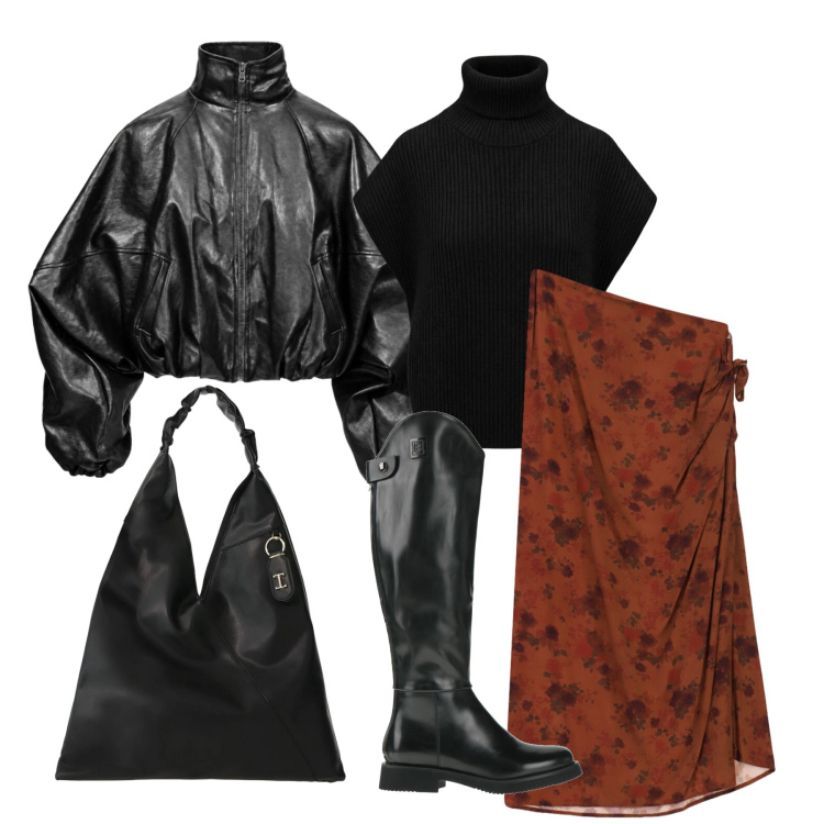 Outfit donna - Ottobre. Stile Trendy per Tutti i giorni. Abbinamento con bomber, maglieria, borse a spalla, gonne lunghe, stivali.