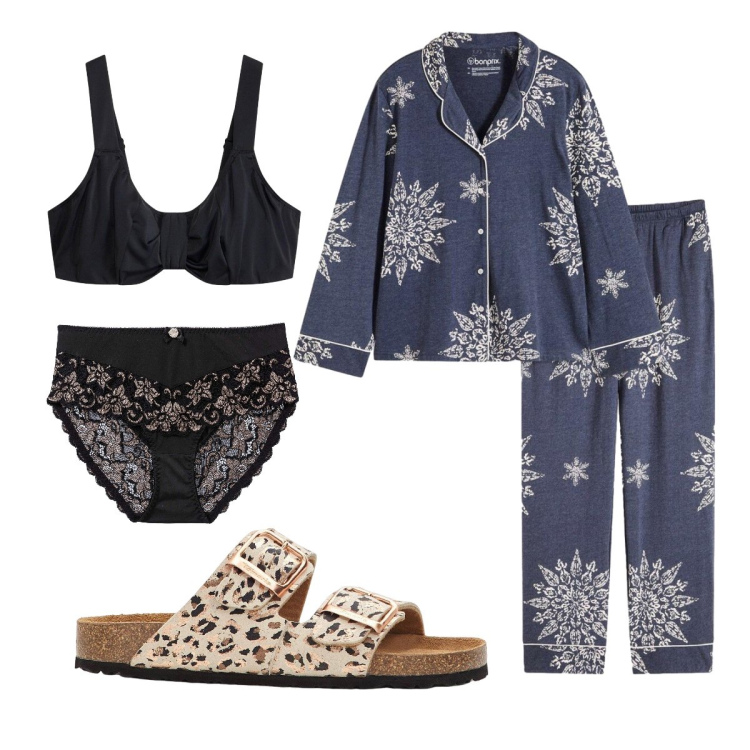 Outfit donna - A casa. Stile Casual per Tutti i giorni. Abbinamento con pigiama, culotte, ciabatte, reggiseni.
