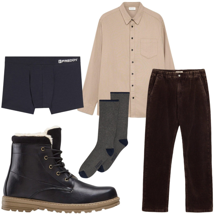 Outfit uomo - Intimo senza tempo. Stile Casual per Tutti i giorni. Abbinamento con calzini, boxer, stivali e stivaletti, camicie, pantaloni.