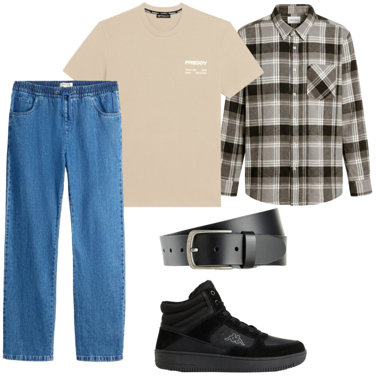Outfit uomo - Camicia geometrica. Stile Casual per Tutti i giorni. Abbinamento con t-shirt, sneakers alte, cinture, camicie, jeans dritti.