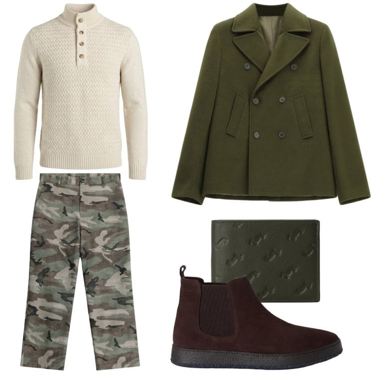 Outfit uomo - Camouflage d'autunno. Stile Trendy per Tutti i giorni. Abbinamento con portafogli, pullovers, stivali e stivaletti, pantaloni, caban.