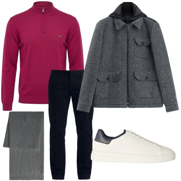 Outfit uomo - Pull wine. Stile Casual per Tutti i giorni. Abbinamento con sneakers, maglieria, sciarpe, pantaloni, cappotti.