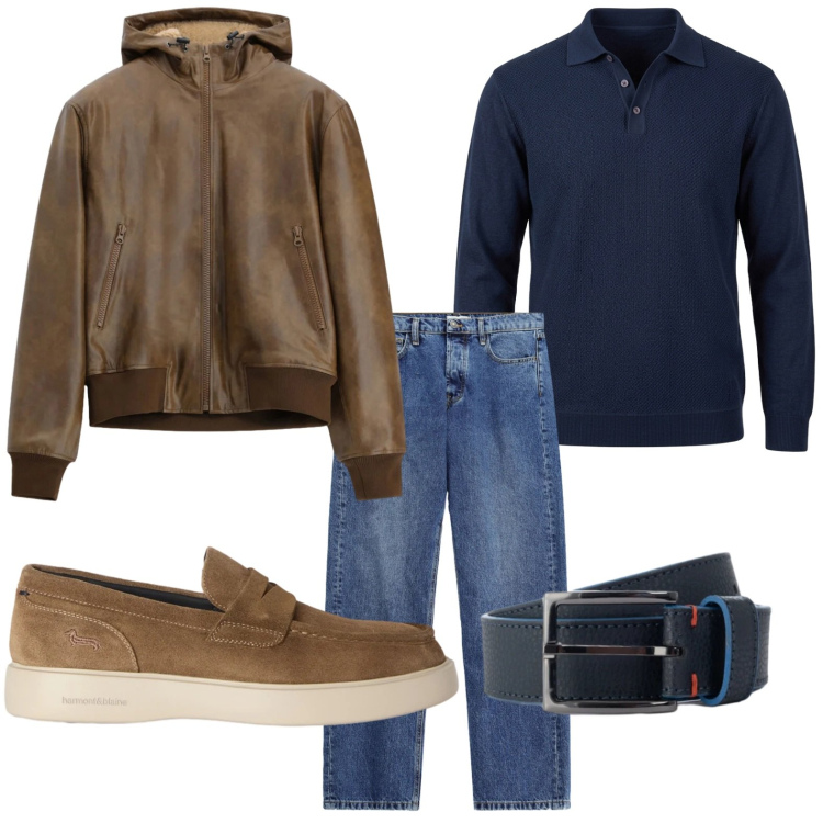 Outfit uomo - Effetto scamosciato. Stile Trendy per Tutti i giorni. Abbinamento con scarpe stringate, cinture, polo, jeans, bomber.
