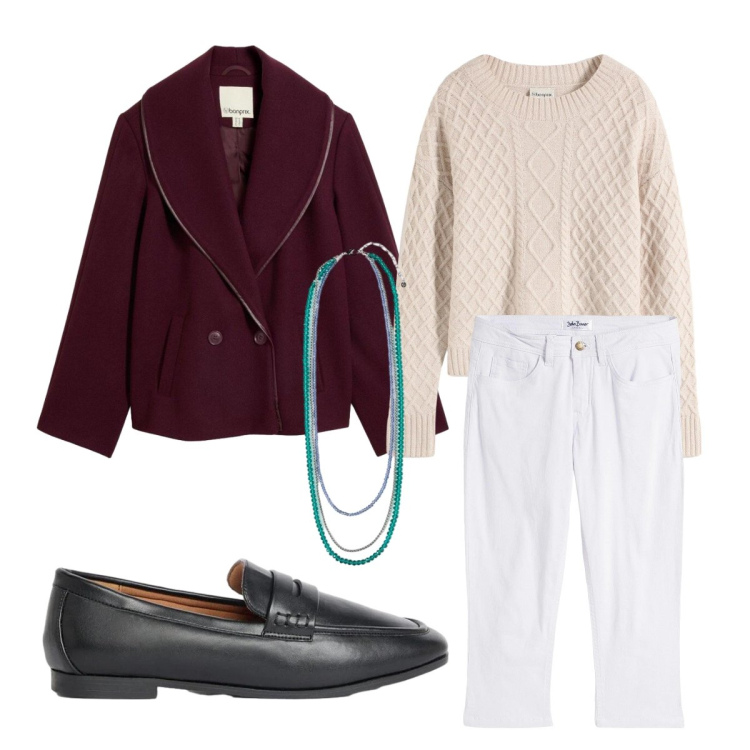 Outfit donna - In giro per musei. Stile Bon Ton per Tutti i giorni. Abbinamento con collane, maglieria, mocassini, jeans, blazer.