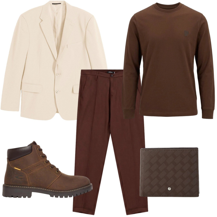 Outfit uomo - Crema e cioccolato. Stile Casual per Tutti i giorni. Abbinamento con t-shirt, portafogli, pantaloni, giacche, stivali e stivaletti.