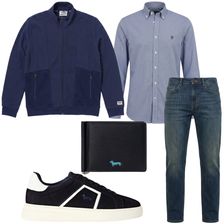Outfit uomo - Sportivo in blu. Stile Casual per Tutti i giorni. Abbinamento con sneakers, portafogli, jeans, camicie, felpe.