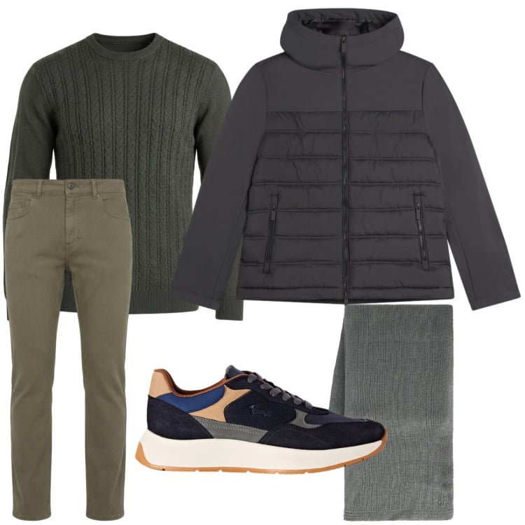 Outfit uomo - Pantalone chino moderno. Stile Casual per Tutti i giorni. Abbinamento con sneakers, sciarpe, maglieria, pantaloni, piumini.