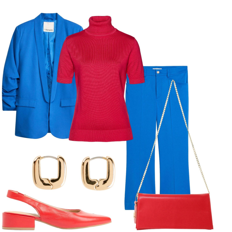 Outfit donna - Il colore in inverno. Stile Casual chic per Tutti i giorni. Abbinamento con borse a tracolla, maglieria, décolleté, blazer, pantaloni, orecchini.
