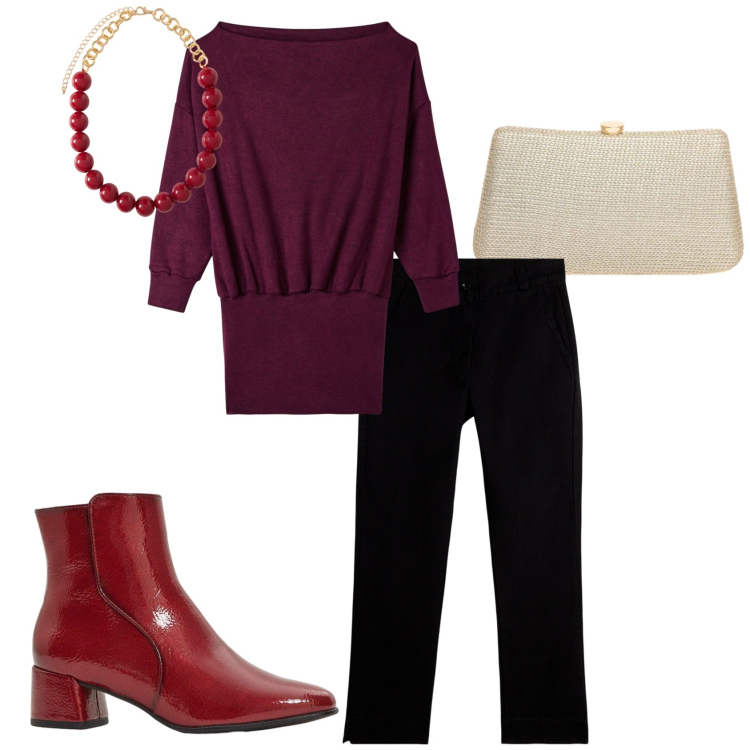 Outfit donna - Aperitivo. Stile Casual chic per Tutti i giorni. Abbinamento con collane, pantaloni, clutch, vestiti corti, stivaletti.