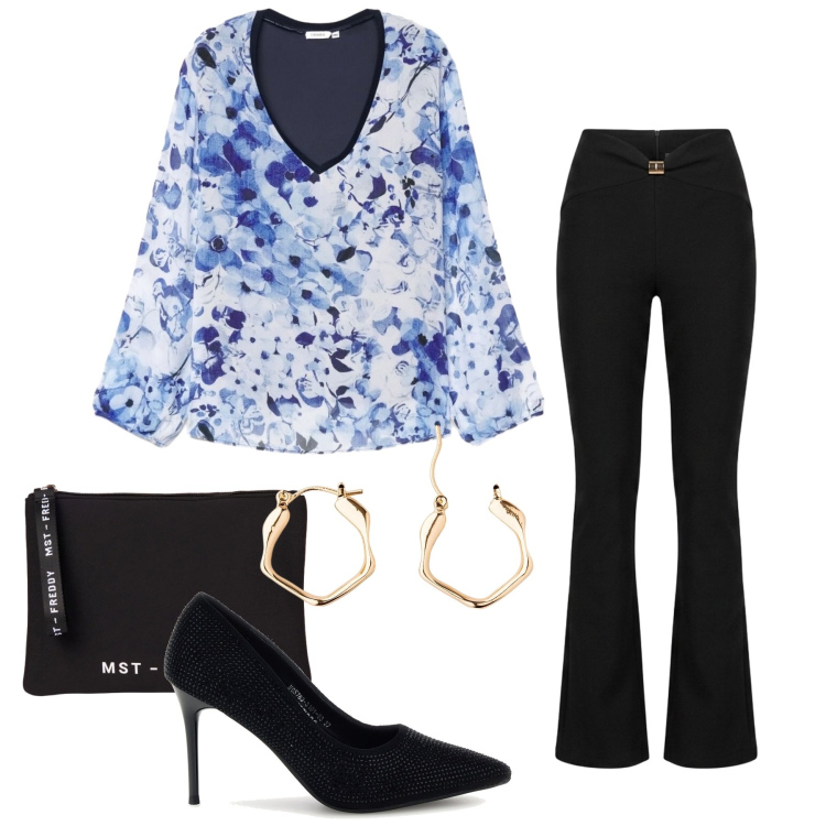 Outfit donna - Aperitivo Glam. Stile Glamour per Serata fuori. Abbinamento con pochette, pantaloni, bluse, orecchini, décolleté.