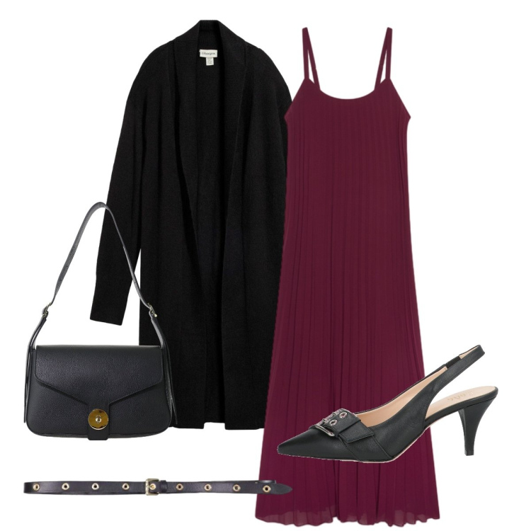 Outfit donna - Sensualità misurata. Stile Chic per Serata fuori. look ideale per Tall. Abbinamento con cinture, borse a spalla, vestiti lunghi, décolleté, cardigans.