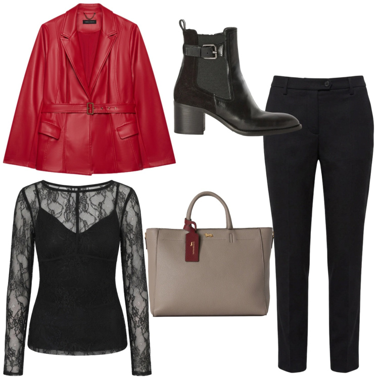 Outfit donna - Un tocco di rosso. Stile Casual chic per Tutti i giorni. Abbinamento con borse a mano, stivaletti, pantaloni, blazer, bluse.