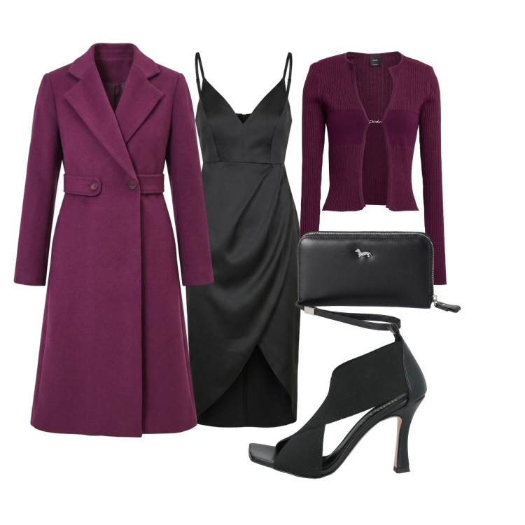 Outfit donna - Seduzione a cena. Stile Casual chic per Serata fuori. Abbinamento con portafogli, vestiti asimmetrici, cappotti, sandali in pelle, cardigans.
