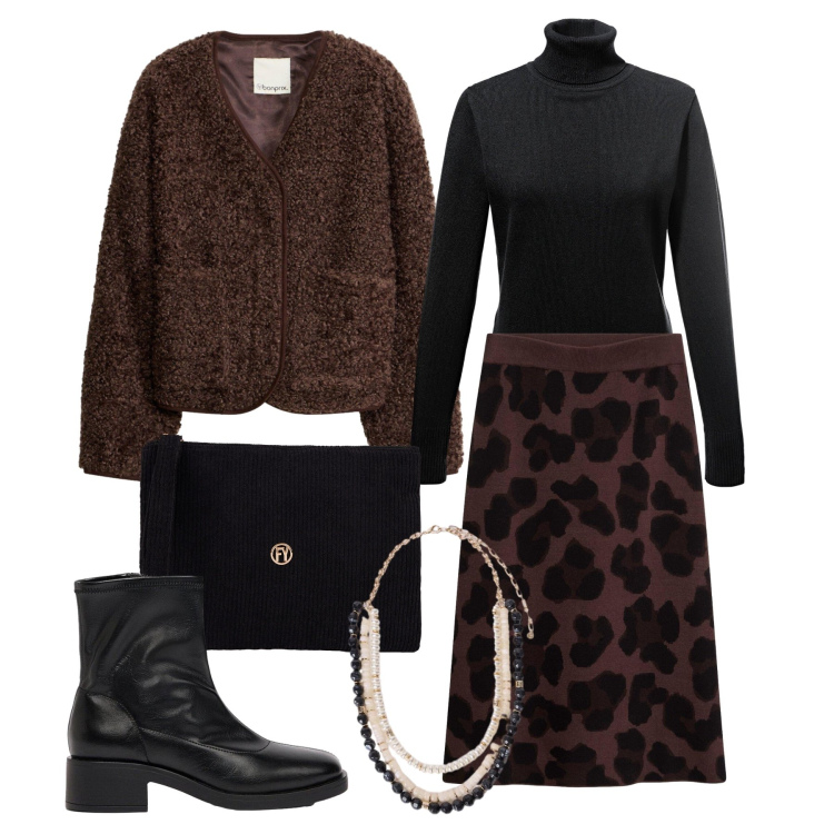 Outfit donna - Ottobre. Stile Trendy per Tutti i giorni. Abbinamento con collane, pochette, gonne, blazer, maglieria, stivaletti.