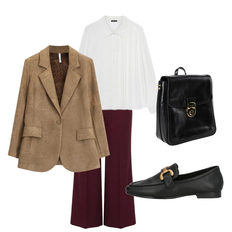 Outfit donna - Total look #2496932. Stile Casual chic per Ufficio. Abbinamento con blazer, camicie, pantaloni a palazzo, zaini, mocassini.