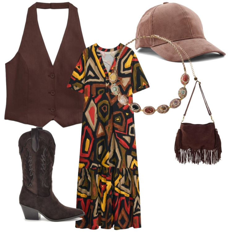 Outfit donna - Boho chic d'autunno. Stile Boho per Tutti i giorni. Abbinamento con collane, gilet, cappelli con visiera, borse a tracolla, vestiti lunghi, stivaletti texani.