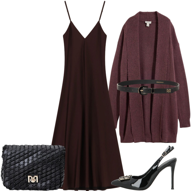 Outfit donna - Sensualità d’ottobre. Stile Chic per Serata fuori. Abbinamento con vestiti lunghi, borse a tracolla, cinture, décolleté, cardigans.