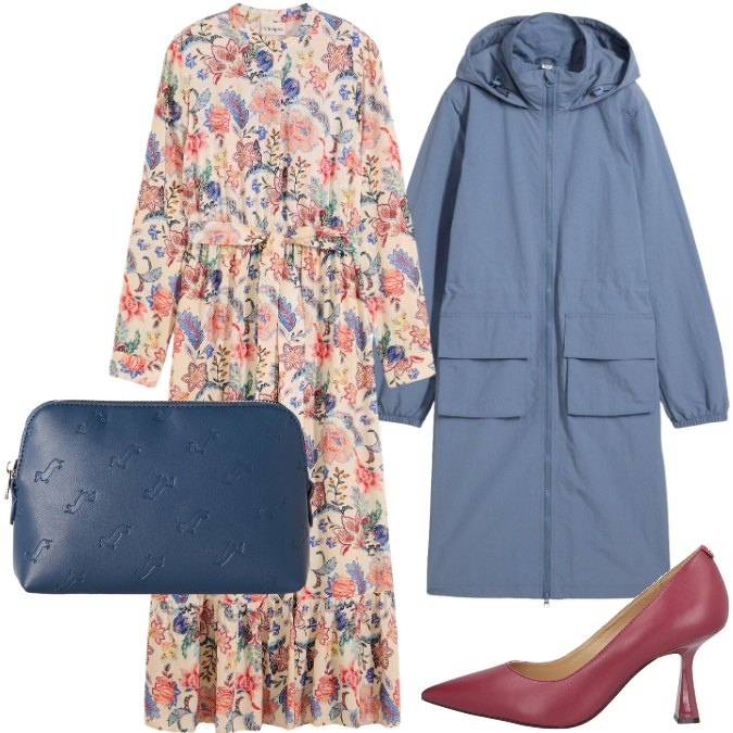 Outfit donna - Maxi abito a fiori. Stile Romantica per Serata fuori. Abbinamento con pochette, décolleté, vestiti lunghi, parka.