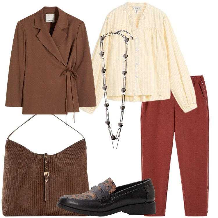 Outfit donna - Sfumature Ruggine e Cammello. Stile Basic per Ufficio. Abbinamento con pantaloni, collane, mocassini, bluse, shopping bag, blazer.