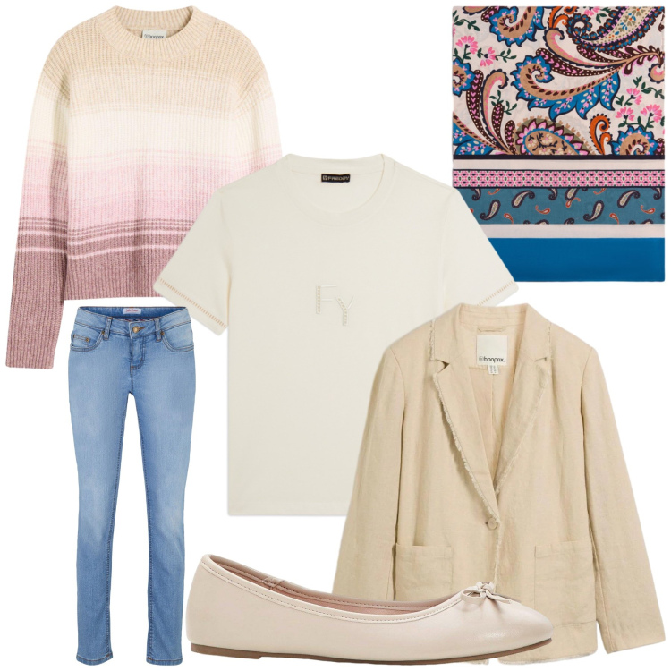 Outfit donna - Casual. Stile Casual per Tutti i giorni. Abbinamento con foulard, t-shirt, jeans skinny, ballerine, blazer, maglieria.